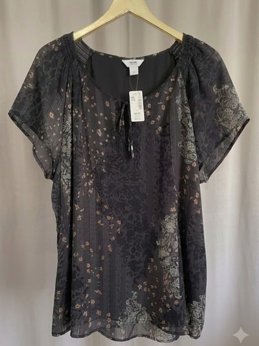 Penningtons PENN 1X Black Paisley Floral Flutter Sleeve Boho Peasant Blouse NWT